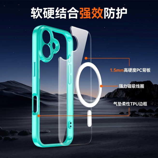 基于这张iPhone 17手机壳结构解析图生成淘宝主图，将英文文案替换为中文，突出软硬结合防护结构、1.5mm硬度PC背板、磁吸线圈、带气垫柔性TPU边框卖点，优化为符合淘宝平台的正方形主图预览效果