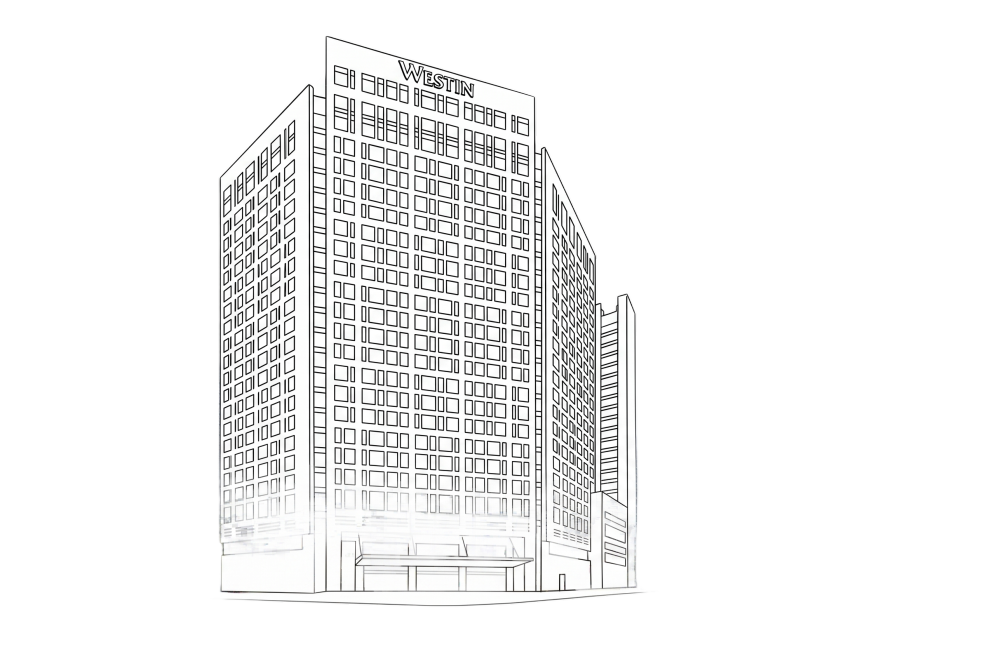 仅保留图片中间的主体WESTIN建筑，去掉周围的杂物、树木和其他建筑，将主体建筑转换为黑色矢量线稿图，高度概括建筑轮廓线条，要求线条简洁干净，建筑结构清晰可识别，具备艺术美感，背景为纯白色预览效果