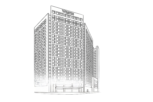 仅保留图片中间的主体WESTIN建筑，去掉周围的杂物、树木和其他建筑，将主体建筑转换为黑色矢量线稿图，高度概括建筑轮廓线条，要求线条简洁干净，建筑结构清晰可识别，具备艺术美感，背景为纯白色