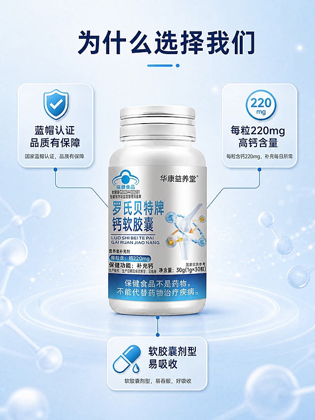 [商品] 使用【图1】华康益养堂罗氏贝特牌钙软胶囊产品瓶身居中展示；保留瓶身所有文字、Logo和蓝帽标志，产品真实完整。
[画面] 目标：卖点拆解页，3大核心理由中心引线式呈现。构图：产品瓶身居中，占画面40%，从瓶身上下左右引出3条细线连接3个卖点信息卡，呈三角分布。背景为干净的浅蓝渐变底。≥3层视觉层次：前景卖点卡片、中景产品主体、后景渐变背景+装饰粒子。景别：产品中景+信息环绕。阅读动线：从中心产品向四周扩散。
[视觉] 套系策略：风格=专业健康保健食品商业摄影风；标题字=现代无衬线粗黑体；正文字=简洁无衬线体；主色=深海蓝+纯净白；背景延展=基于蓝白做深浅渐变、同色系光晕和细腻磨砂质感；强调色=亮青蓝色，仅用于小面积图标、引线和标签高光；标题色=深海蓝；正文色=深灰蓝；组件=圆角浅蓝底信息卡、细线引线、胶囊形标签；光影=左前侧柔和冷白光，产品底部有自然投影。
[文字] 顶部主标题「为什么选择我们」，3个卖点卡分别为：左上「蓝帽认证 品质有保障」配盾牌图标、右上「每粒220mg 高钙含量」配数字图标、下方「软胶囊剂型 易吸收」配胶囊图标。每个卖点卡含短标题+1行说明。所有文字横向排版。
[规格] 图片比例3:4竖版，4K分辨率，负向提示：避免变形、错字、文字过小、医疗化功效承诺、极限词、产品颜色改变。