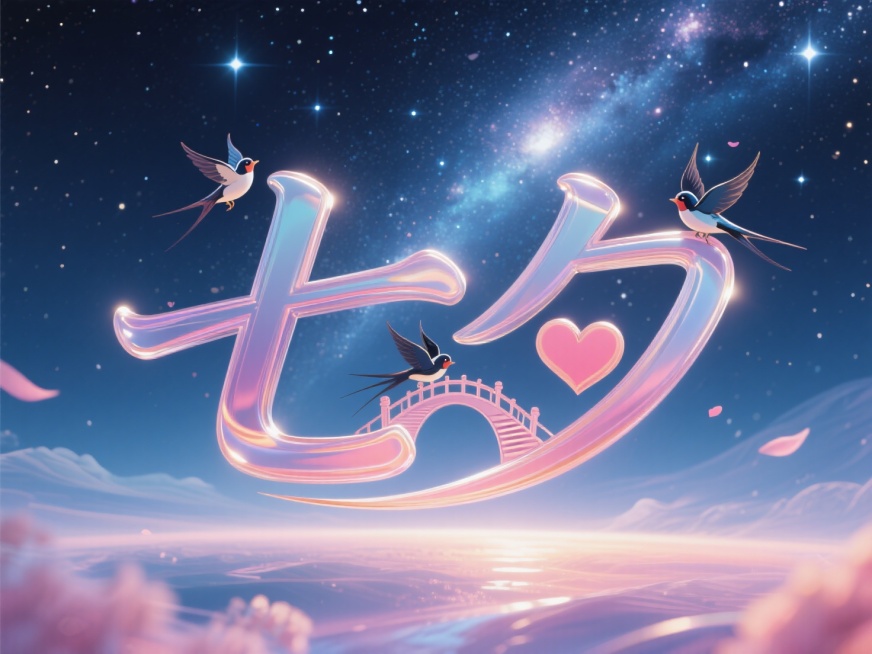 横向文字"七夕"，整体画面呈现幸福感，线条流畅，适合幸福有爱的话题的艺术字体线条，星空，宇宙浪漫元素。有远景和近景，创意字体设计点缀有喜鹊鹊桥、星空里面有很多星星。夜空星空，浪漫七夕氛围。预览效果