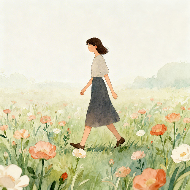 "花缓缓开，你慢慢来"系列插画，女子按照自己的节奏漫步，周围是缓缓开放的花朵，画面宁静舒缓，色调柔和，传达按照自己的节奏生活的理念