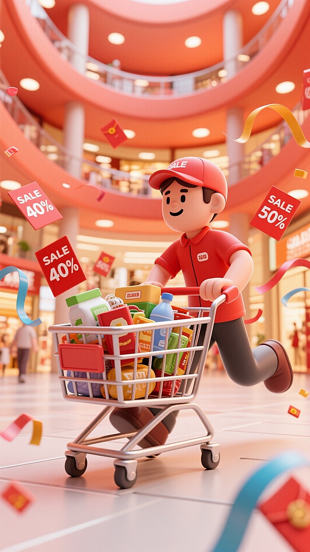 软3D风格卡通人物推满购物车，商场环绕促销彩带与折扣标签，拟人化设计充满喜庆与促销感，塑料质感强化视觉冲击，营造节日购物狂欢氛围。