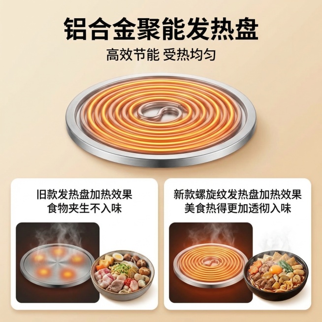 一张1:1关东煮机铝合金聚能发热盘卖点图，温馨商用风格，浅暖米色温馨背景，设计和原图不一样，保留原卖点。主标题 "铝合金聚能发热盘" 黑色粗体大字体顶部居中，副标题 "高效节能 受热均匀"。中间展示发预览效果