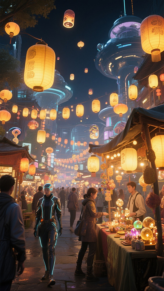 未来夜市，灯会，暖黄灯光 ，热闹喜庆，超现实主义构图