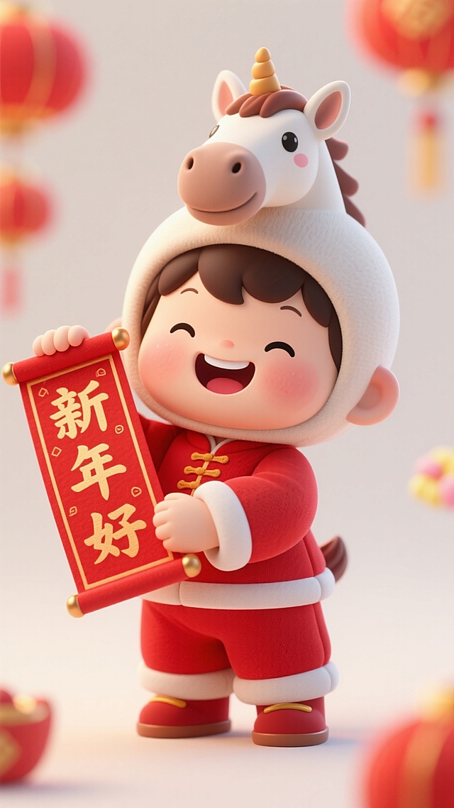 十二生肖的形象，一个小男孩娃娃，头戴马头造型的头套，穿着红色新年套装，手拿春联，开心地笑，上面有“新年好”三个字；设计精致生动，玲珑可爱，特征明显，Q版卡通，五官刻画细腻，过年氛围，超高清，高分辨率，最佳画质，8K