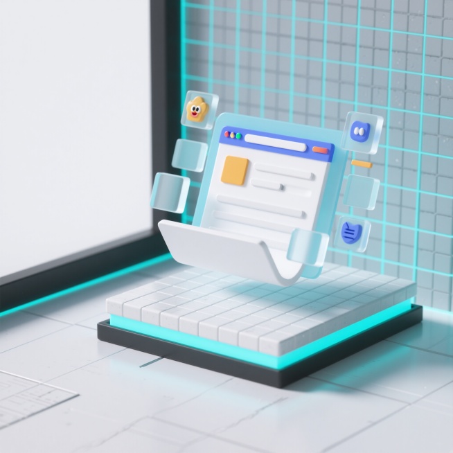 左侧留白，右侧为主视觉区域，主图底座与背景纹理相呼应，呈现科技感的网格线条纹理，主图上有打开的文件、网页模型显示，周围有透明方形图标块衬托，整体风格为极简科技风，白色和浅蓝色为主色调，光线柔和，带有发预览效果