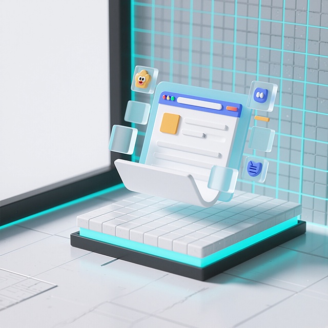 左侧留白，右侧为主视觉区域，主图底座与背景纹理相呼应，呈现科技感的网格线条纹理，主图上有打开的文件、网页模型显示，周围有透明方形图标块衬托，整体风格为极简科技风，白色和浅蓝色为主色调，光线柔和，带有发光线条效果