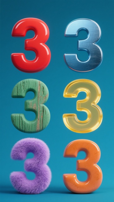 六个相同造型的数字“3”规整排布组成的系列素材集合，每个数字“3”拥有完全不同的材质和整体色彩，均以纯色背景呈现。第一个数字“3”为光滑亮面的红色塑料材质，第二个为哑光质感的蓝色金属材质，第三个为带有粗糙纹理的绿色木质材质，第四个为半透明的黄色玻璃材质，第五个为柔软细腻的紫色绒毛材质，第六个为带有光泽的橙色陶瓷材质，所有数字保持相同的简约线条造型，整体构图平衡且具有统一的视觉节奏感。预览效果
