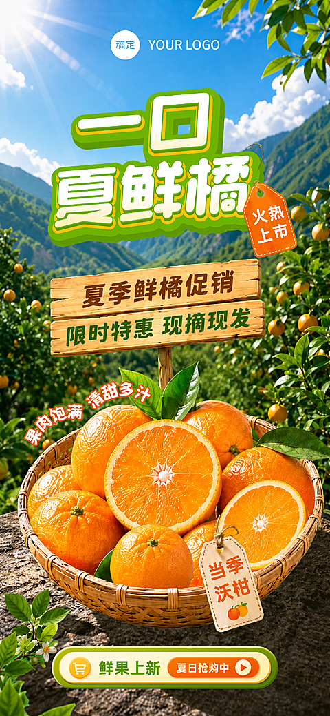 夏季鲜橙上新促销优惠手机全屏海报