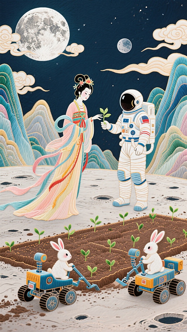 梦幻中式插画风，嫦娥与宇航员在月球共植绿芽，玉兔耕作，超现实主义场景。