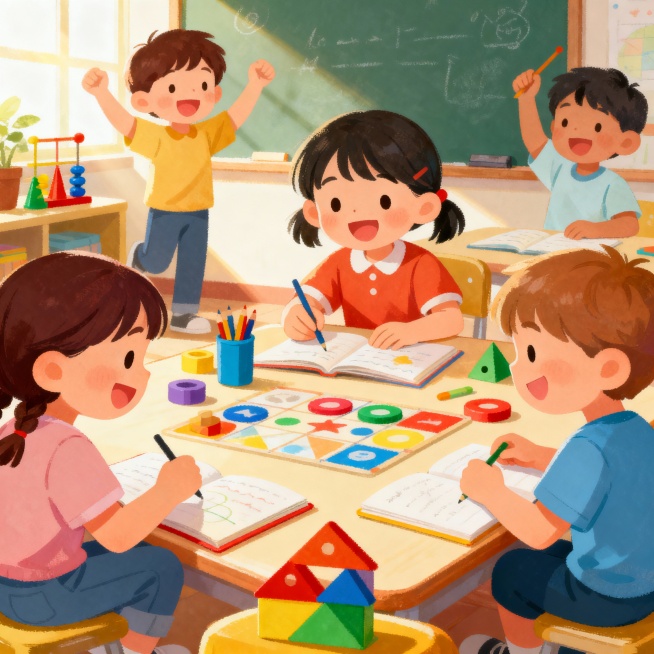 我现在弄一个早教商品图，需要生成5张照片，分别体现的内容分别是：高知师资团，1V1私教服务，游戏化教学，科学测评护航，一站式育儿支持预览效果