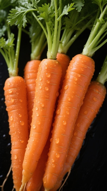 一束新鲜饱满的橙色胡萝卜，带着翠绿挺拔的缨叶，表面覆盖着晶莹剔透的水珠，水珠大小不一、分布自然，凸显出刚洗净的水润质感。胡萝卜表皮光滑且带有自然生长的细密纹理和纵向沟壑，色彩从根部的深橙逐渐过渡到顶部的浅橙，顶部的绿色缨叶带有细小锯齿状边缘，叶片舒展且富有生机。整体采用近景特写构图，背景为纯黑色，形成强烈的色彩对比，突出胡萝卜的鲜艳色泽和细节质感，光线从斜上方照射，在胡萝卜表面形成明亮的高光和……预览效果