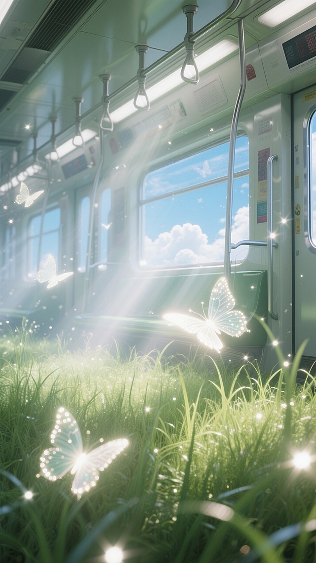 空旷的地铁里，整个地铁里长满茂密的草，周围飘着发光的蝴蝶，车窗外可以看到蓝天白云