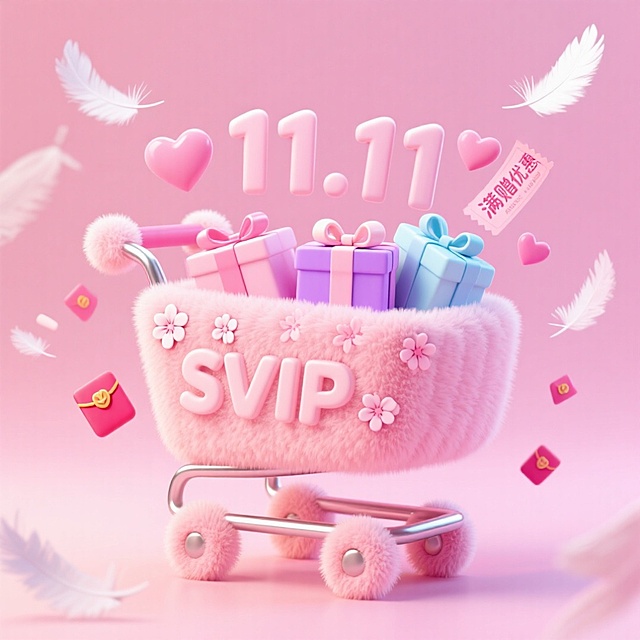 粉色毛绒 SVIP 购物车装满礼盒，搭配 “11.11”、羽毛与优惠元素，甜美双 11 氛围浓