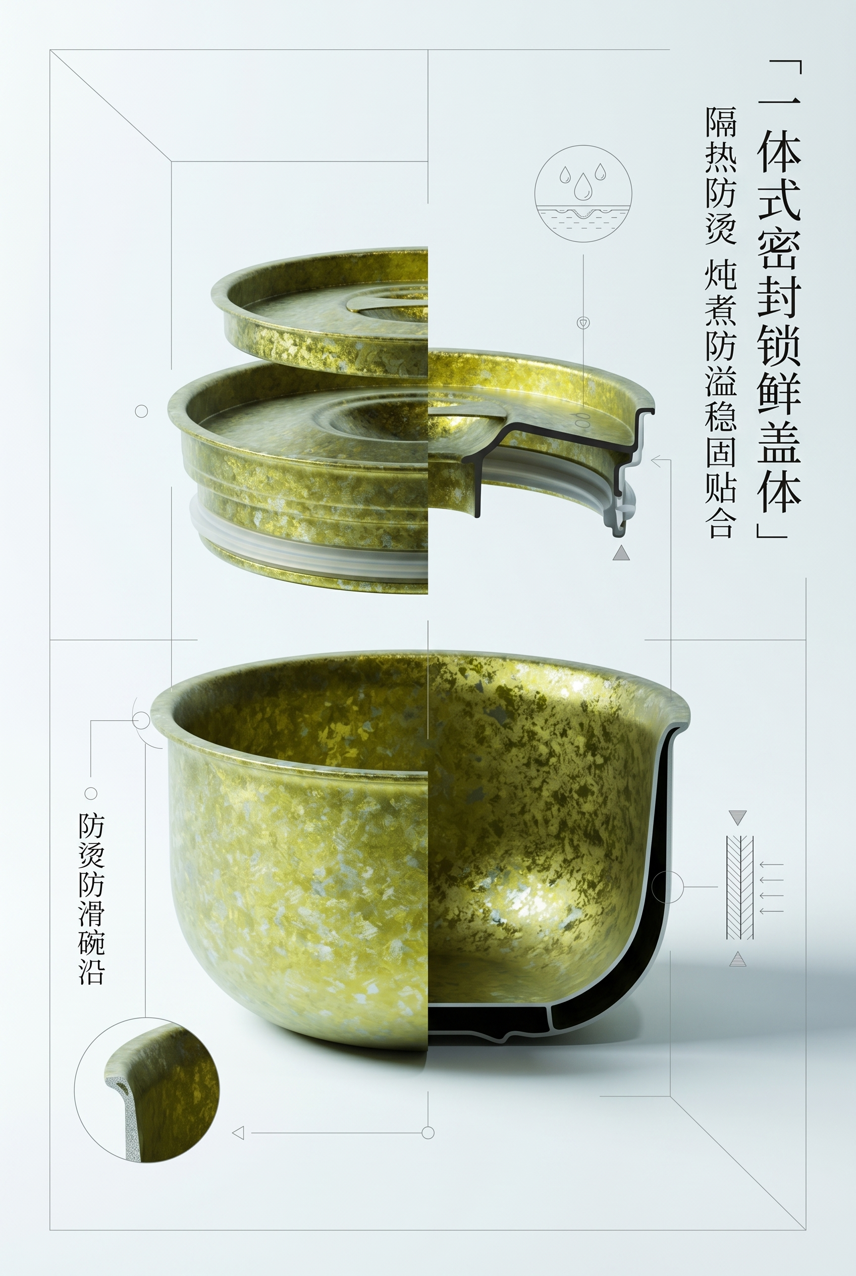2:3 竖屏，极简几何雅致风格，拆分展示碗身与密封锅盖结构，侧… - 图片创意预览