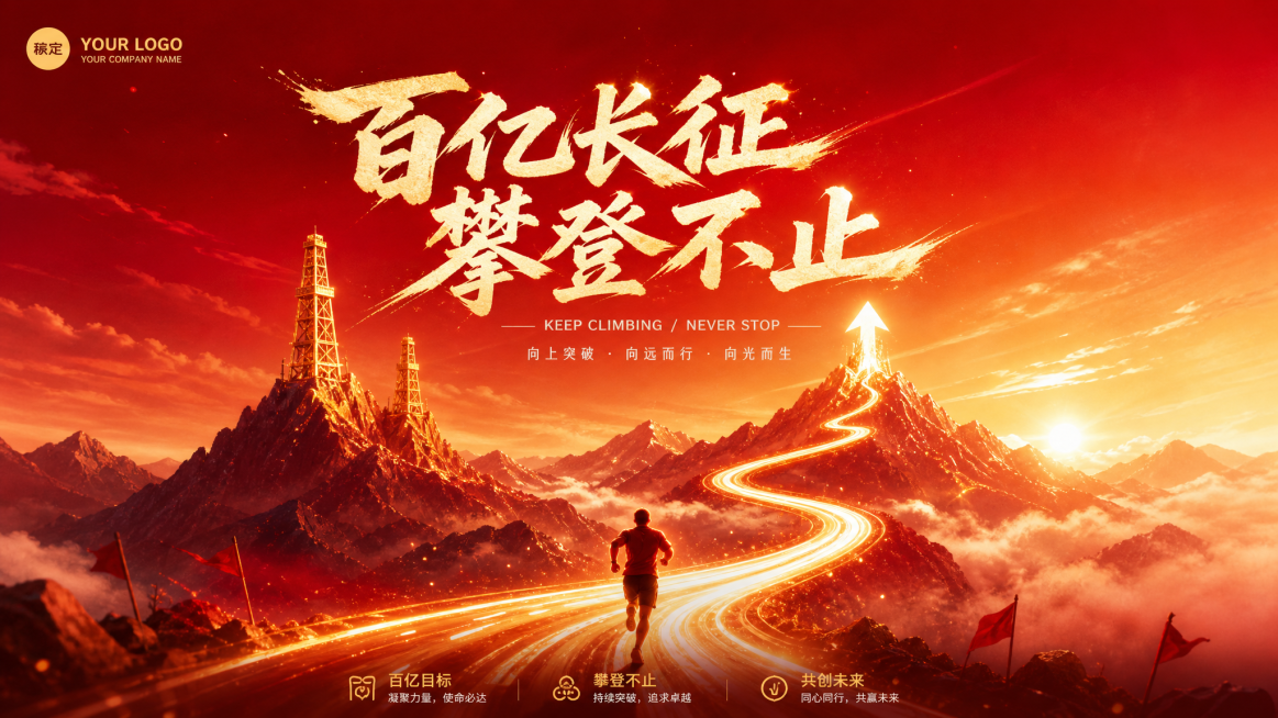 参考图1，设计一张企业励志海报：带有向上箭头的蜿蜒道路延伸向远方，山峰中融入图2的双井架造型，配色采用图1的红金渐变配色，排版方式参考图3，文案为："百亿长征 攀登不止"，整体风格大气励志预览效果