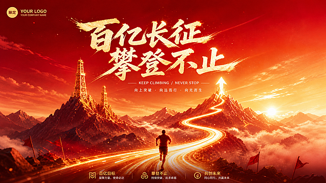 参考图1，设计一张企业励志海报：带有向上箭头的蜿蜒道路延伸向远方，山峰中融入图2的双井架造型，配色采用图1的红金渐变配色，排版方式参考图3，文案为："百亿长征 攀登不止"，整体风格大气励志