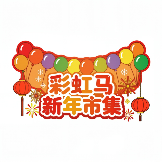 文字变成彩虹马新年市集，整体颜色偏新年暖色预览效果
