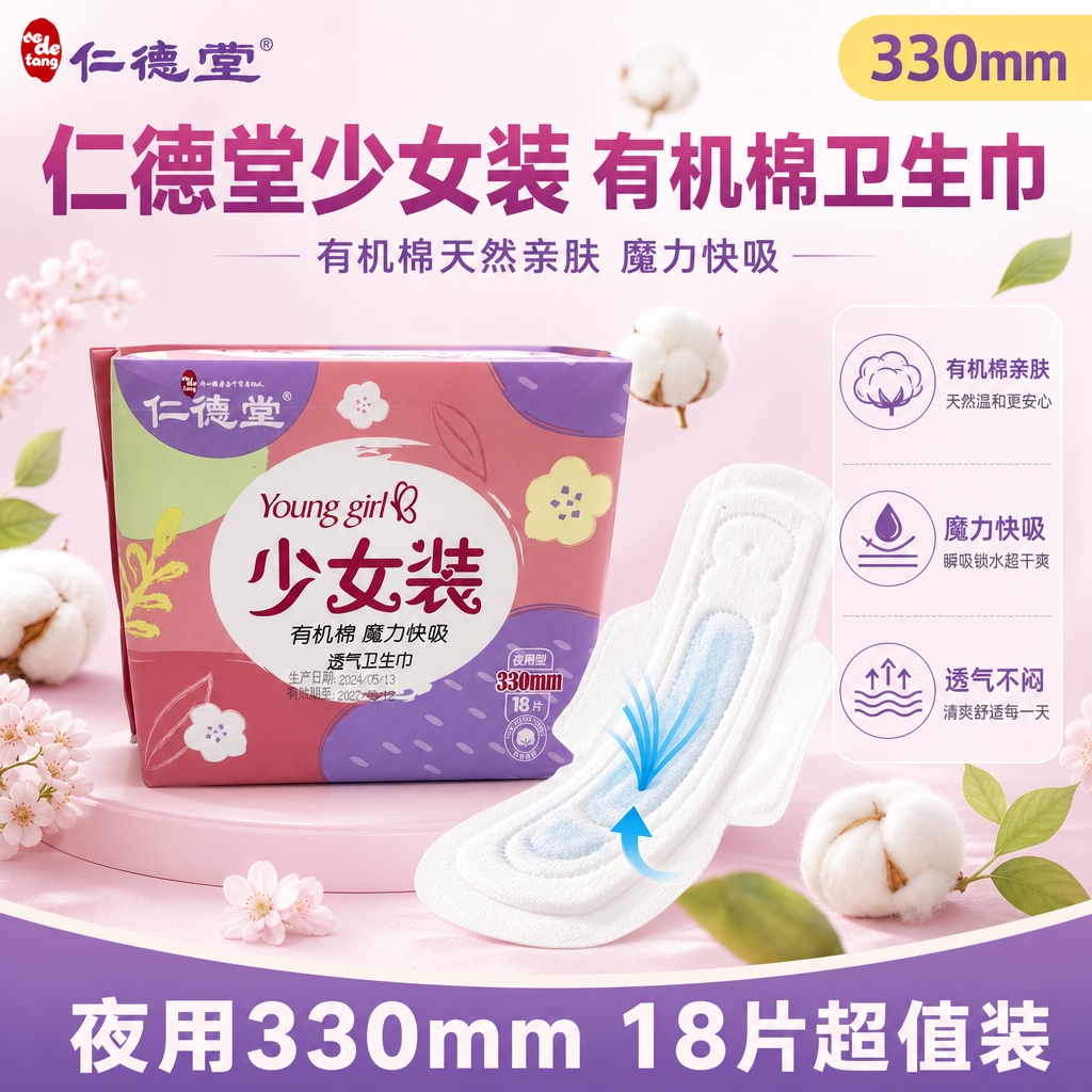 [主图-1 首图] 仁德堂少女装有机棉卫生巾拼多多主图，1:1… - 图片创意预览