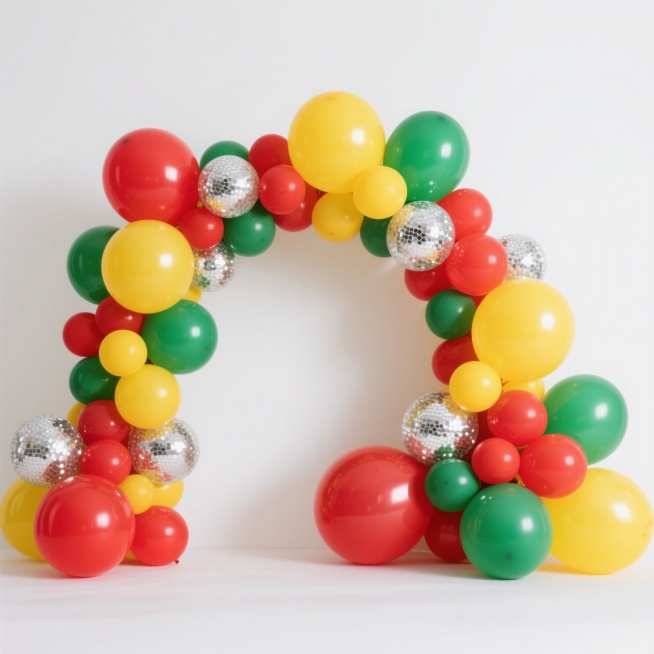 一个由多种大小不一的彩色气球组成的拱形装饰，保持白色背景和原有的气球排列形态与立体感，主体气球颜色改为鲜艳的红色、明亮的黄色和清新的绿色，部分气球带有银色亮片质感，整体呈现出欢快、活泼且富有节日氛围的视觉效果，光影过渡自然，气球表面光滑有光泽，无任何文字、LOGO、二维码及联系方式。预览效果