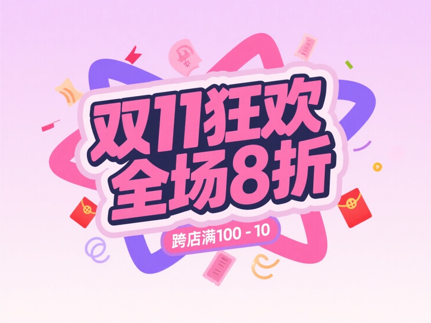 主标题“双11狂欢 全场8折” ，搭配 “跨店满100-10” 粉色副标题框，点缀优惠券、红包等促销小元素，背景为粉紫色渐变，促销氛围预览效果