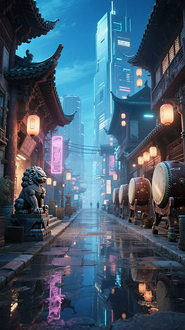 中式赛博街景背景，以青蓝色夜空为底，构建传统飞檐建筑与未来高楼的碰撞场景，搭配霓虹灯笼、石狮、战鼓等东方符号，地面渲染湿润反光效果