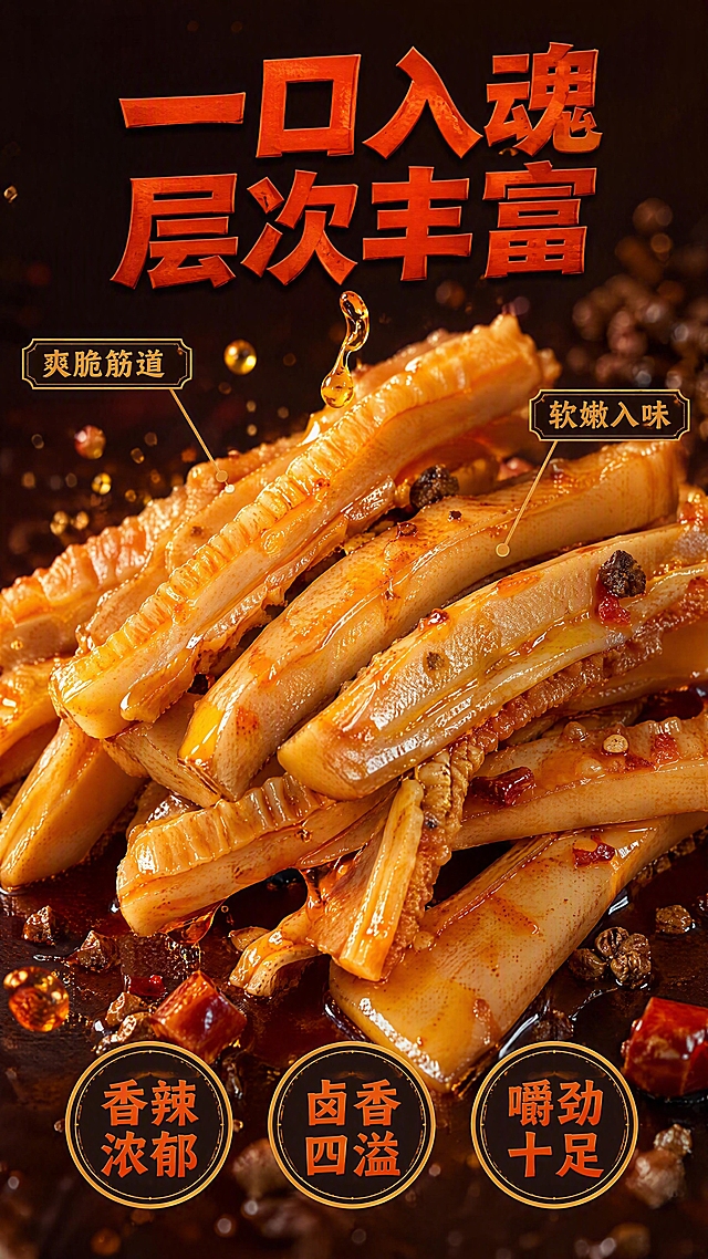 [第3张] 详情页口感质地特写-牛肚爽脆+杏鲍菇吸汁入味微距动态。本张使用【图2】作为牛肚杏鲍菇实物参考。
[氛围/风格] 极致食欲微距风，红油鲜亮，动态飞溅感，商业美食摄影质感。
[元素布局] 画面中心是一堆堆叠的牛肚杏鲍菇条，占比约60%，微距特写展示每一条的纹理：牛肚有明显的肚仁纹理，杏鲍菇切面饱满吸汁；表面挂满红亮卤汁，油光锃亮；有几滴卤汁正从食材边缘滴落，形成动态弧线；周围散落几颗花椒和辣椒碎；背景虚化深棕色，突出主体。
[光影质感] 侧上方硬光打出食物立体感，表面油亮高光点清晰，底部暗部有细节，整体通透有层次。
[配色色系] 全局底色 #1A0D07 深红棕；主色亮红橙 #FF5722；辅助色金黄 #FFB74D、深棕 #3E2723。
[视角构图] 微俯视微距视角，主体居中放大，阅读动线顶部标题 → 中心食物特写 → 底部口感标签。
[文字版式] 顶部大标题「一口入魂 层次丰富」，粗黑体带轻微立体字效，橙红色；食物左右两侧各有引线标注：左侧引线指向牛肚「爽脆筋道」，右侧引线指向杏鲍菇「软嫩入味」；底部3个圆形口感标签横向排列：「香辣浓郁」「卤香四溢」「嚼劲十足」；字色统一橙红+金黄。
[比例分辨率] 9:16 竖版比例，4K分辨率，文字清晰可辨，高清画质。
[负向提示词] 食物变形，颜色偏差，水印，文字错乱，油光不自然，背景杂乱，文字过小，纹理模糊。
