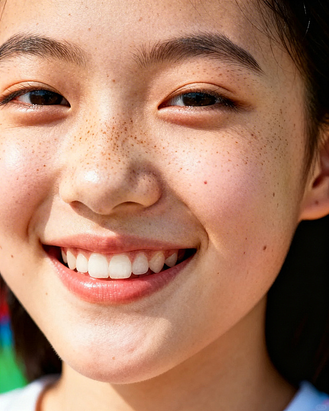 中国女生脸部特写，五官精致，笑容温暖，面向镜头微笑，鼻梁和脸颊分布大小不一的自然雀斑，整体氛围活泼生动，色彩缤纷明亮，皮肤质感自然通透，光影柔和，富有青春活力