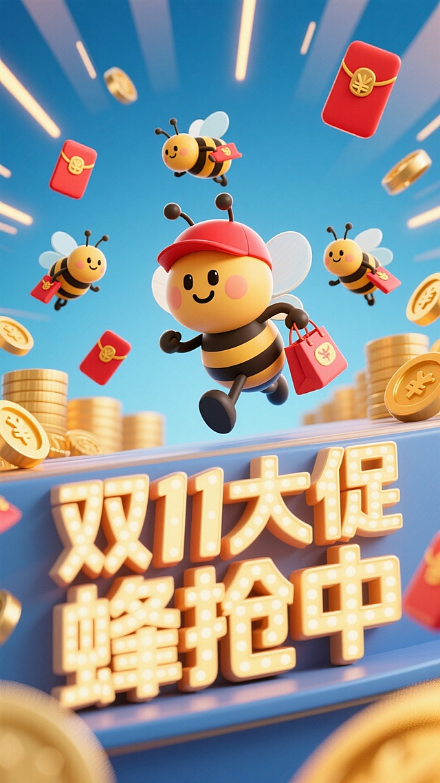 主视觉为带着红帽子的蜜蜂提着购物袋冲出画面，背后跟着3只拿着红包袋的小蜜蜂，正面视角，背景金币、红包、放射线点缀，画面下方为3D文字灯牌“双11大促 蜂抢中”