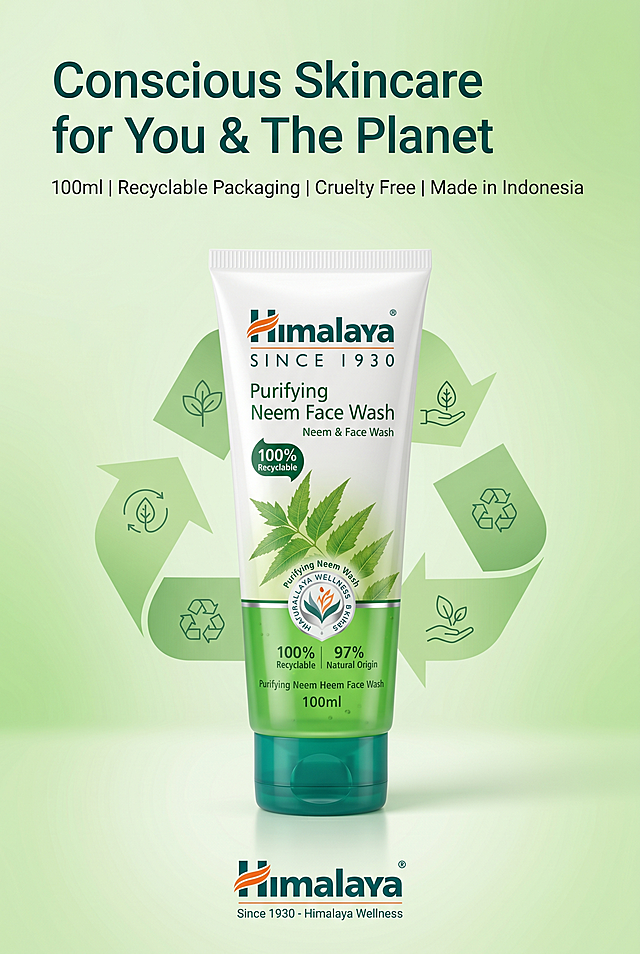 2:3 竖版电商详情页收尾页，严格还原Himalaya Purifying Neem Face Wash产品图，包括包装设计、颜色、LOGO位置、文字内容、图案元素等所有细节，去掉无关的背景杂物，产品尺寸为100ml软管，比例保持1:1，背景为清新的浅绿渐变，搭配简约的环保图标与可回收标识元素，突出品牌环保理念。产品居中放置，瓶身带有细节放大效果，清晰展示产品上的"100% Recyclable"、"97% Natural Origin"标识。画面上方左对齐排版主标题："Conscious Skincare for You & The Planet"，下方小字补充："100ml | Recyclable Packaging | Cruelty Free | Made in Indonesia"，底部添加品牌LOGO与标语"Since 1930 - Himalaya Wellness"，整体设计简约高级，信息排版清晰有序，8K超清，专业商业摄影质感，光影柔和通透。负面提示词：模糊、低画质、变形、色差、文字错误、无关元素、杂物、手部、其他品牌LOGO、过度曝光、阴影杂乱、排版混乱、背景杂乱、人物面部扭曲、比例失调、非产品本身的修改、割裂的风格、标识模糊、环保元素过于杂乱