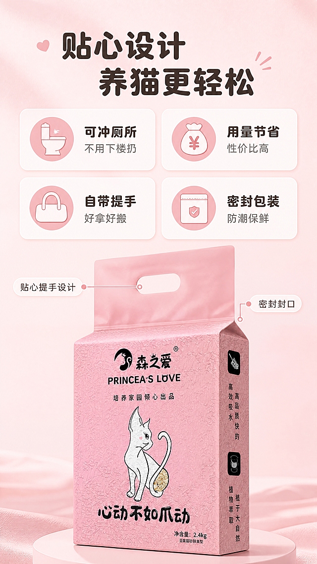 [商品] 使用【图1】森之爱豆腐猫砂；保留包装外观，产品位于画面中下部，展示提手和包装细节。
[画面] 人性化设计页，目标展示使用便利细节。上下构图，上部为4个图标+说明的2x2宫格，下部为产品包装细节特写（提手、封口、侧面文字）。阅读动线从上到下。前中后景：前景图标卡片，中景产品细节，后景浅粉渐变。
[视觉] 套系策略：风格=清新治愈系少女风商业摄影；标题字=圆润可爱黑体粗体；正文字=简洁无衬线圆体；主色=樱花粉；背景延展=基于樱花粉做深浅层级、同色渐变和细腻磨砂/纸张质感；强调色=奶白色，仅用于小面积图标、引线、标签和高光；标题色=深棕灰；正文色=中暖灰；组件=圆角白底信息卡、细粉线引线、粉色圆形图标底；光影=柔和顶光，突出包装质感。
[文字] 顶部主标题「贴心设计 养猫更轻松」；2x2宫格4个卖点：左上「可冲厕所 不用下楼扔」配马桶图标，右上「用量节省 性价比高」配钱袋图标，左下「自带提手 好拿好搬」配提手图标，右下「密封包装 防潮保鲜」配密封图标。底部产品旁小字标注「贴心提手设计」「密封封口」。所有文字横向排版。
[规格] 图片比例9:16竖版，4K分辨率，负向提示：避免变形、错字、文字过小、冷蓝/蓝灰背景、图标风格不统一、绝对化用语。