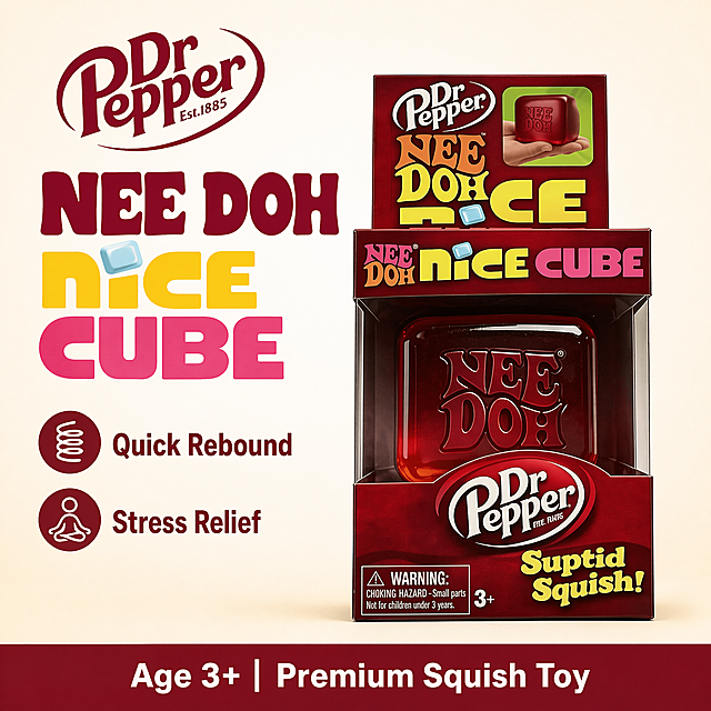 Dr Pepper Nee Doh Nice Cube stress relief toy Amazon main image. Keep product packaging appearance, color, Logo 100% consistent with input image. Product centered, 65% size. Left text right product layout. Top left original Dr Pepper Logo. Left: large bold title "NEE DOH NICE CUBE", 2 labeled selling points: "Quick Rebound", "Stress Relief". Bottom deep red bar with white text "Age 3+ | Premium Squish Toy". Off-white gradient background, soft frontal light, clear texture. 1:1, all English, Amazon compliant, highlight product. Negative: deformation, watermark, Chinese, blur, occlusion