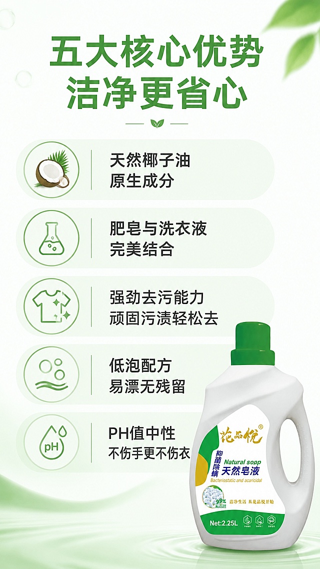 [第2屏] 核心卖点总览-花品悦抑菌除螨天然皂液差异化优势展示。本屏使用【图1】作为商品小图展示。
[氛围/风格] 干净通透信息版式，浅绿色简约背景，清晰直观，信息层级分明，适合移动端查看。
[元素布局] 顶部大标题区，中间分为五个信息模块分开展示五大卖点，右下角放置缩小产品图，整体排版疏朗，每个卖点配简约圆形图标，不拥挤。产品比例和颜色与原图一致。
[光影质感] 均匀柔光照明，文字区域清晰明亮，无生硬阴影。
[配色色系] 全局底色 #f8fdfa；主色绿色标题；辅助色深灰正文，浅绿模块背景。
[视角构图] 纵向排版，从上到下阅读动线清晰。
[文字版式] 顶部主标题「五大核心优势 洁净更省心」，绿色大字体；五个卖点依次为：「天然椰子油 原生成分」「肥皂与洗衣液完美结合」「强劲去污能力 顽固污渍轻松去」「低泡配方 易漂无残留」「PH值中性 不伤手更不伤衣」，每个卖点配小图标，主标题大，卖点文字清晰适中，不遮挡产品。
[比例分辨率] 9:16竖版比例，分辨率2K，高清画质。
[负向提示词] 文字错乱，文字过小，模块拥挤，产品变形，颜色偏差，水印。