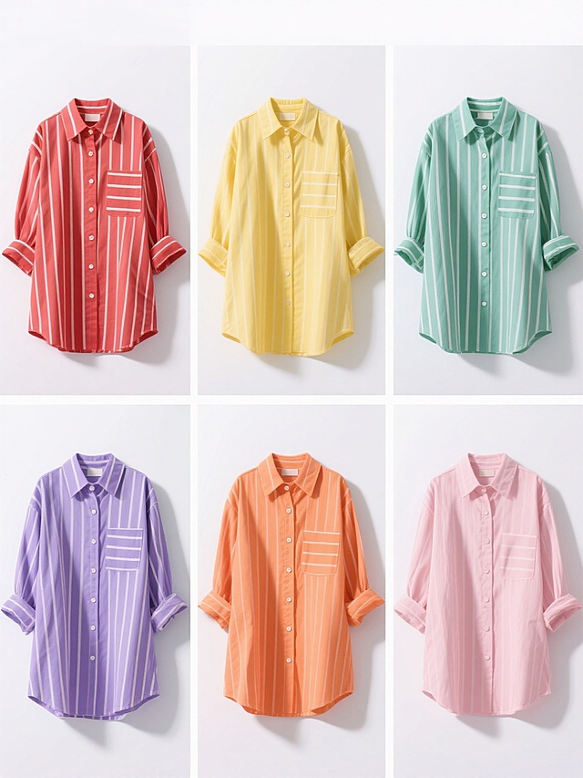 六个不同配色的同款蓝白竖条纹衬衫系列素材集合，每个衬衫保持相同的宽松版型、翻领设计、胸前口袋、喇叭袖口和前襟纽扣细节，分别以纯红色、纯黄色、纯绿色、纯紫色、纯橙色、纯粉色为背景，衬衫条纹颜色相应调整为与背景色协调的同色系深浅搭配，整体采用简约电商产品白底图风格，光线均匀柔和，阴影清晰自然，六个衬衫规整排列成两行三列的网格布局，无任何文字和logo。
