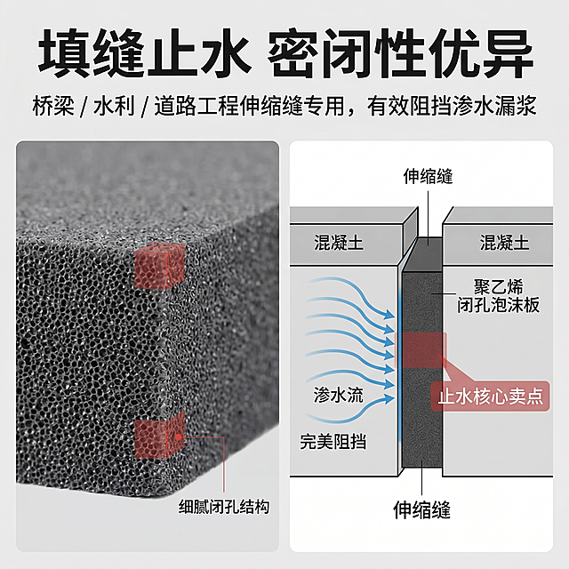 1:1竖版电商主图，严格还原聚乙烯闭孔泡沫板产品图所有细节，整体统一高级工业建材风，背景为干净的浅灰背景，画面采用 “产品特写 + 止水效果可视化” 的左右分栏杂志排版，左侧为泡沫板板材切面高清特写，展示均匀细腻的闭孔结构，右侧为极简工程伸缩缝止水示意图，用蓝色水流线条示意产品在缝隙中阻挡渗水的效果，直观呈现填缝止水能力。主标题左对齐，位于画面上方，加粗无衬线字体，内容为 “填缝止水 密闭性优异”，副标题在主标题下方，常规无衬线字体，内容为 “桥梁 / 水利 / 道路工程伸缩缝专用，有效阻挡渗水漏浆”，画面搭配低透明度红色强调色块标注关键结构，色调统一工业风，突出产品核心止水卖点，排版精致，风格统一无割裂感