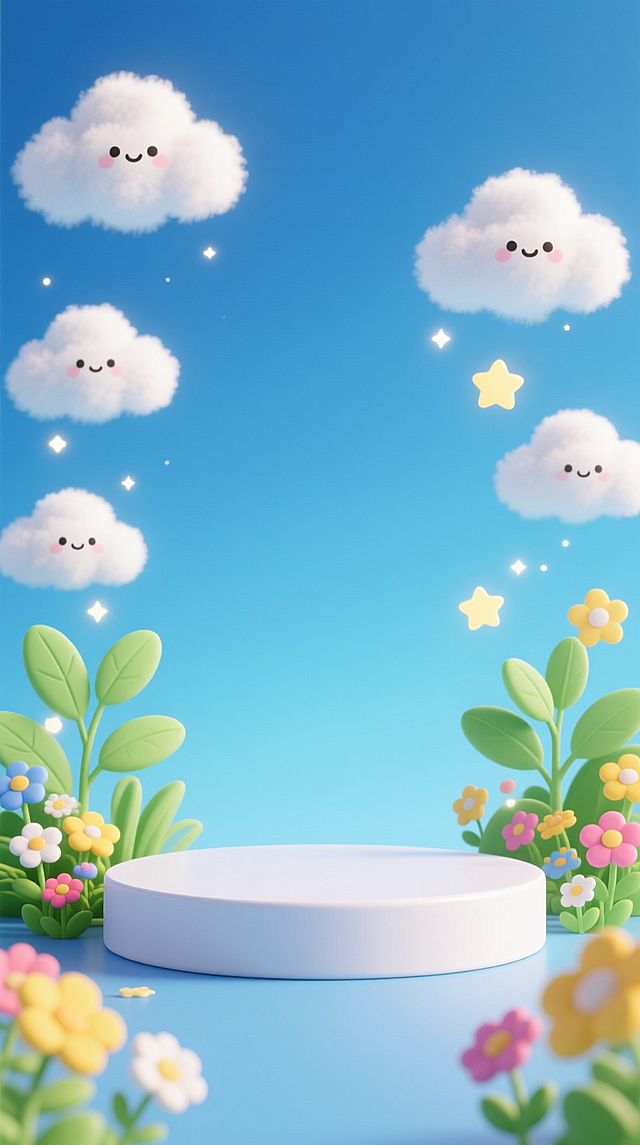 梦幻清新风，软3D拟人云朵与粘土花丛环绕白色展台，卡通感十足，适合春季主题展示。