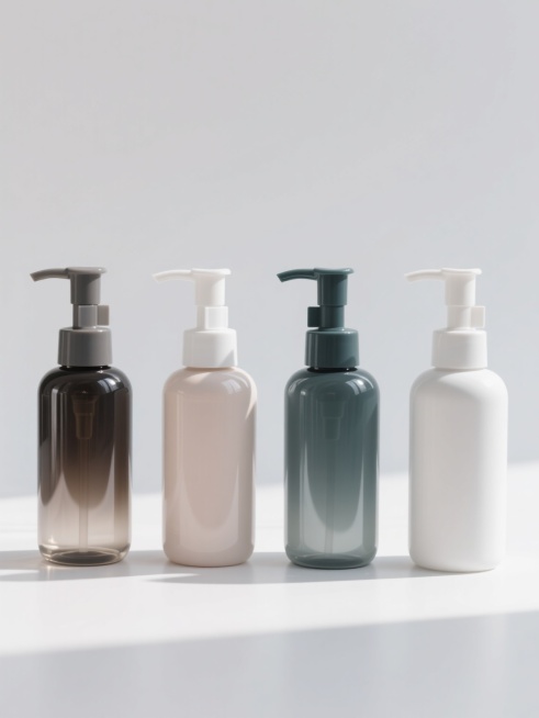 四个不同样式和配色的按压泵瓶子，每个瓶子拥有独特的瓶身形状和色彩搭配，整体采用高光泽度的塑料材质，表面光滑细腻，带有轻微的反光效果，呈现出清晰的光影层次和立体感，瓶子整齐排列在纯白色的纯色背景上，构图简洁对称，光线从斜上方照射，在瓶身底部形成柔和的阴影，营造出简约、干净、专业的产品展示氛围。预览效果