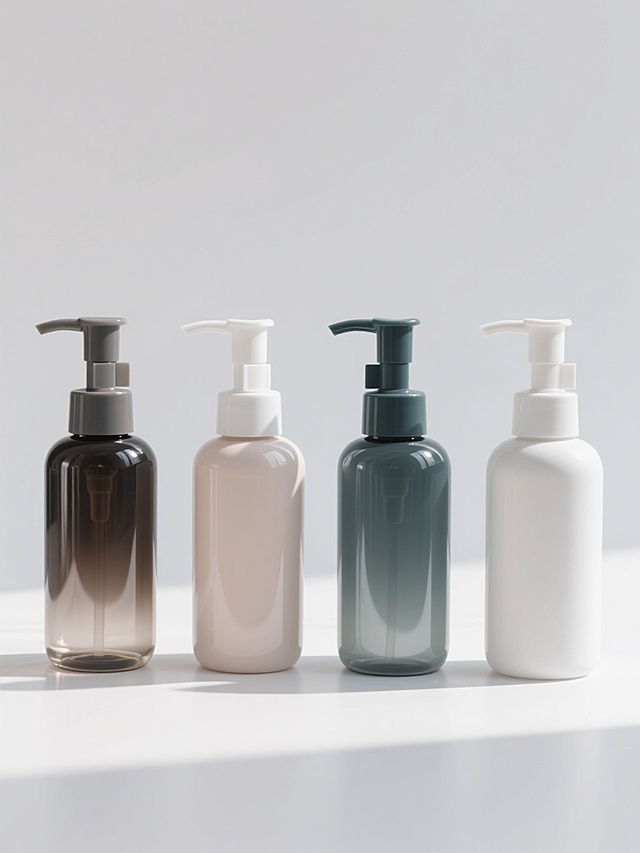 四个不同样式和配色的按压泵瓶子，每个瓶子拥有独特的瓶身形状和色彩搭配，整体采用高光泽度的塑料材质，表面光滑细腻，带有轻微的反光效果，呈现出清晰的光影层次和立体感，瓶子整齐排列在纯白色的纯色背景上，构图简洁对称，光线从斜上方照射，在瓶身底部形成柔和的阴影，营造出简约、干净、专业的产品展示氛围。