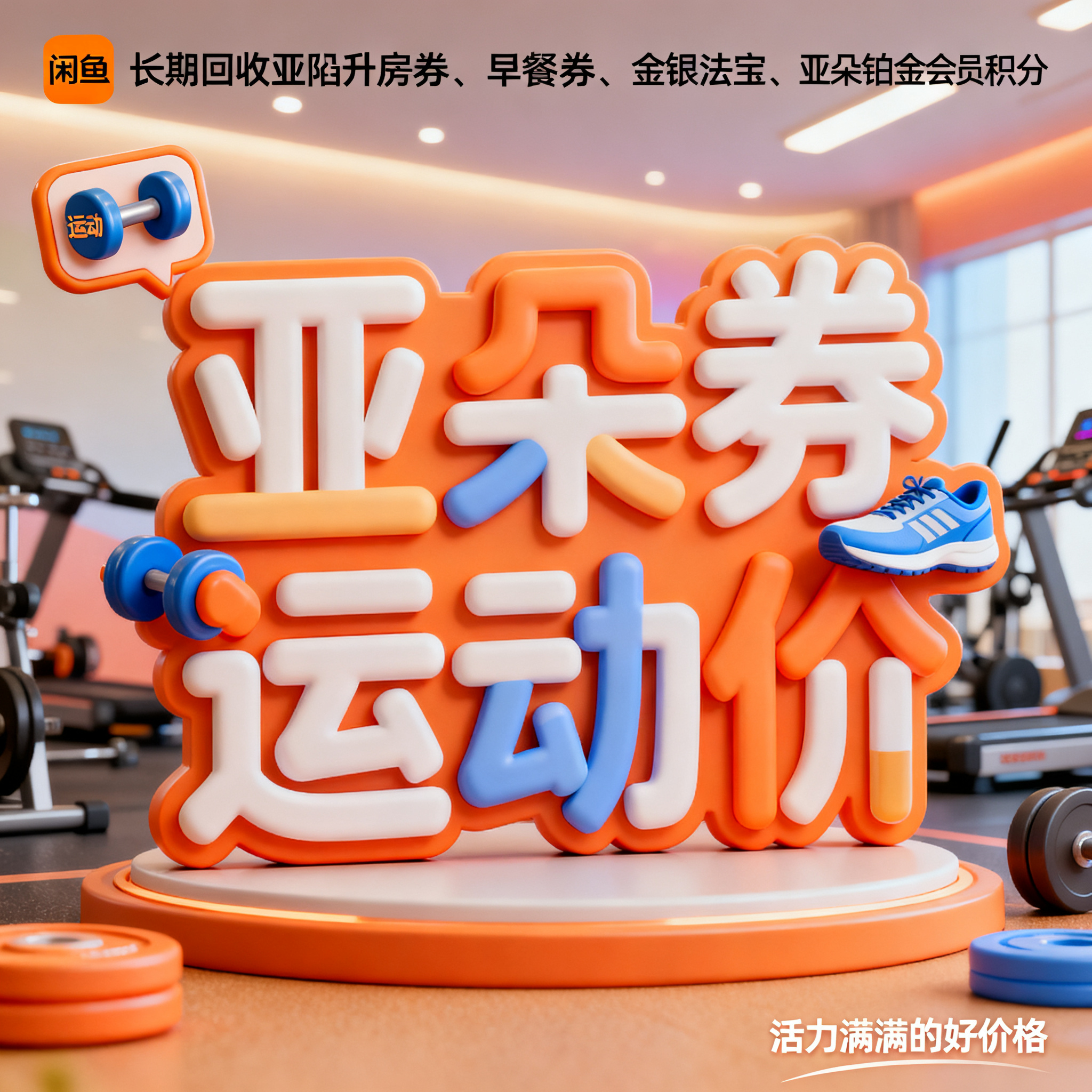 软3D风格，闲鱼大字封面，主题为长期回收亚朵升房券早餐券金银法… - 图片创意预览