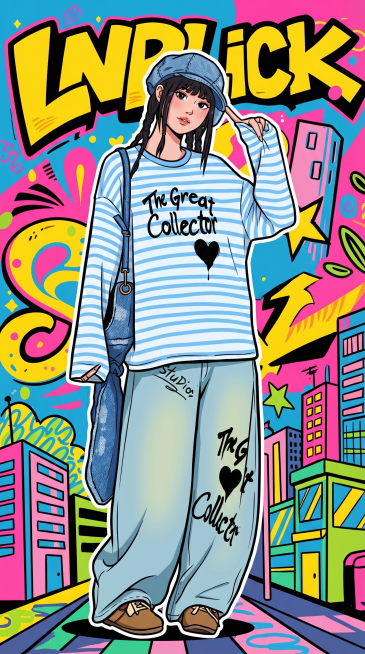 将图一中的女孩转换为图二的美式漫画街头涂鸦插画风格，保留女孩的外貌、蓝白条纹上衣、浅蓝色牛仔裤、蓝色贝雷帽、牛仔挎包，姿势参考图二前景女生的舞蹈姿势，色彩鲜艳，线条清晰预览效果