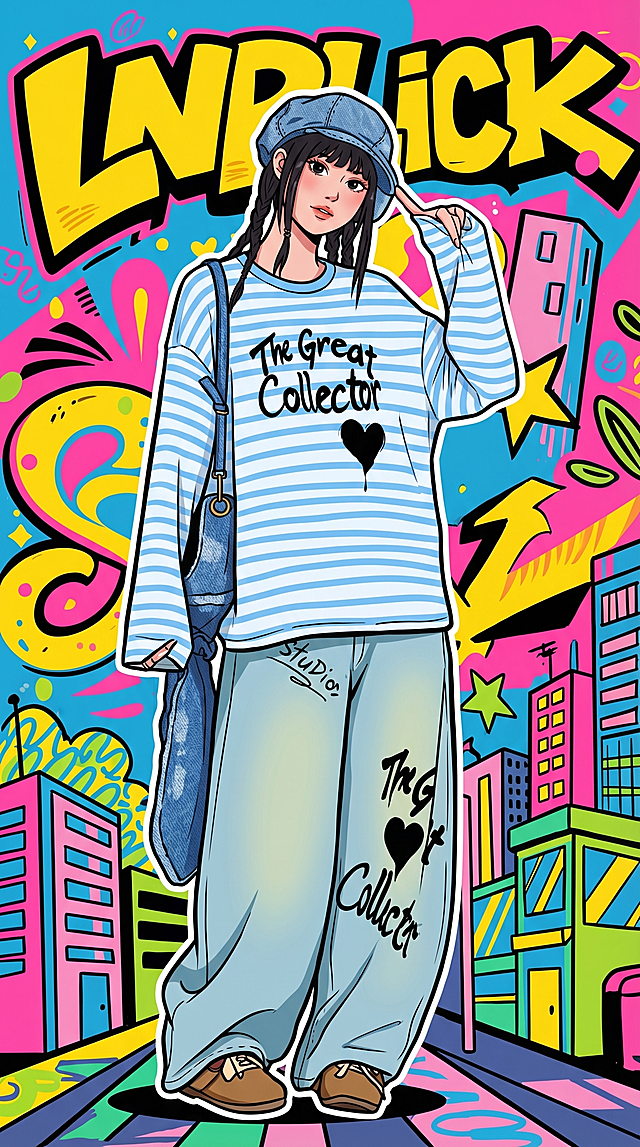 将图一中的女孩转换为图二的美式漫画街头涂鸦插画风格，保留女孩的外貌、蓝白条纹上衣、浅蓝色牛仔裤、蓝色贝雷帽、牛仔挎包，姿势参考图二前景女生的舞蹈姿势，色彩鲜艳，线条清晰