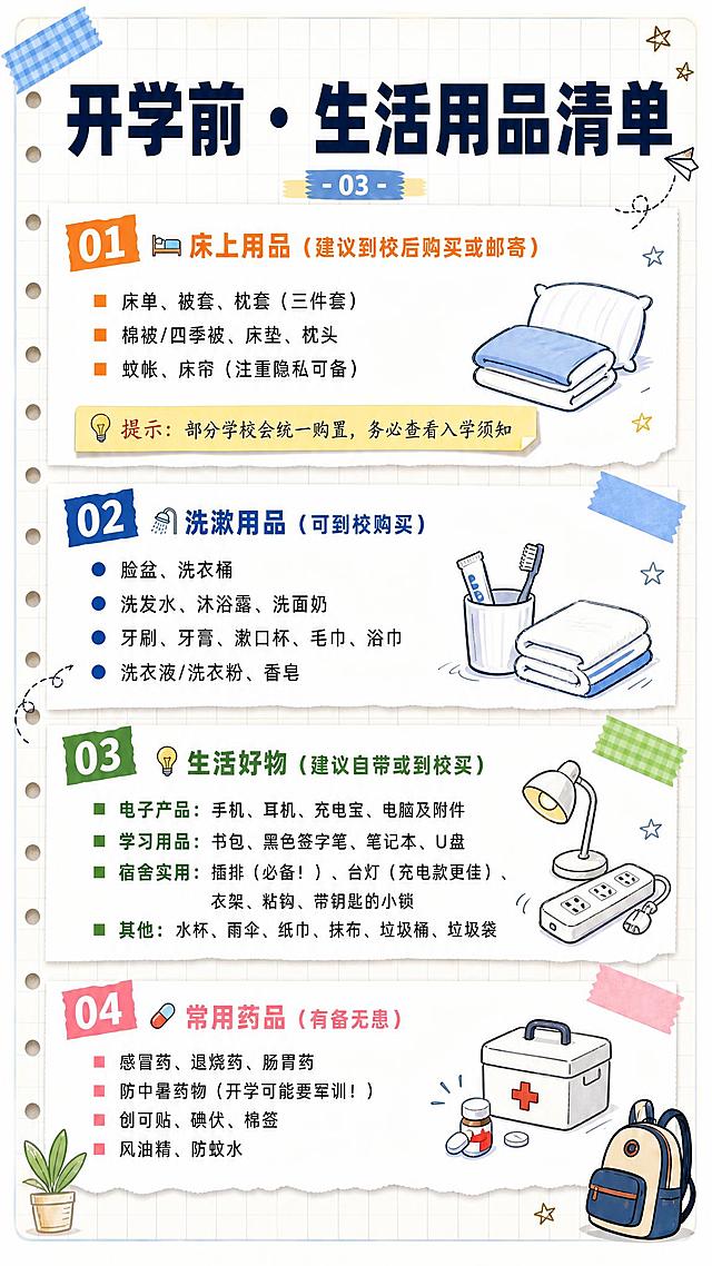 参考图的手账活页纸风格，延续完全一致的版式骨架、配色体系和装饰语言，制作开学系列第03张竖版海报。画面整体为白色方格活页纸背景，左侧有打孔，左上角蓝白格子胶带，右上角星星和纸飞机简笔画装饰，整体手绘手账风、蓝橙配色、温暖清新。

主标题区：顶部居中大字号深蓝色粗体字「开学前·生活用品清单」，下方有蓝色胶带贴纸样式的编号「- 03 -」。

内容分为四个板块，从上到下依次排列，每个板块用白色撕纸边缘卡片承载，左侧有彩色序号标签：

板块一（序号标签橙色，写「01」）：标题「🛏️ 床上用品（建议到校后购买或邮寄）」，下方橙色小方块列表项：
- 床单、被套、枕套（三件套）
- 棉被/四季被、床垫、枕头
- 蚊帐、床帘（注重隐私可备）
板块右下角配手绘简笔画：枕头、被子图标。
板块底部黄色便签纸样式温馨提示：「💡 提示：部分学校会统一购置，务必查看入学须知」

板块二（序号标签蓝色，写「02」）：标题「🚿 洗漱用品（可到校购买）」，下方蓝色圆点列表项：
- 脸盆、洗衣桶
- 洗发水、沐浴露、洗面奶
- 牙刷、牙膏、漱口杯、毛巾、浴巾
- 洗衣液/洗衣粉、香皂
板块右下角配手绘简笔画：牙刷杯子、毛巾图标。

板块三（序号标签绿色，写「03」）：标题「💡 生活好物（建议自带或到校买）」，分四小类：
- 电子产品：手机、耳机、充电宝、电脑及附件
- 学习用品：书包、黑色签字笔、笔记本、U盘
- 宿舍实用：插排（必备！）、台灯（充电款更佳）、衣架、粘钩、带钥匙的小锁
- 其他：水杯、雨伞、纸巾、抹布、垃圾桶、垃圾袋
板块右下角配手绘简笔画：台灯、插排图标。

板块四（序号标签粉色，写「04」）：标题「💊 常用药品（有备无患）」，下方列表项：
- 感冒药、退烧药、肠胃药
- 防中暑药物（开学可能要军训！）
- 创可贴、碘伏、棉签
- 风油精、防蚊水
板块右下角配手绘简笔画：药箱、药丸图标。

整体装饰：星星小贴纸、虚线箭头、胶带贴纸、手绘简笔画点缀，与参考图风格100%统一。画面底部有小盆栽和书包简笔画装饰。

画面中所有文字必须清晰可读，所有数字精确渲染，所有信息区域填充完整内容，不得空白。画面比例9:16竖版，适合抖音和视频号发布。
