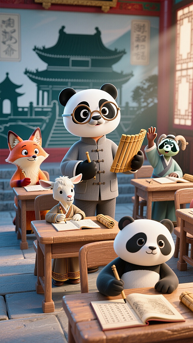 中式感课堂，3D卡通熊猫老师与学生互动，拟人风设计，水墨背景增添古韵。