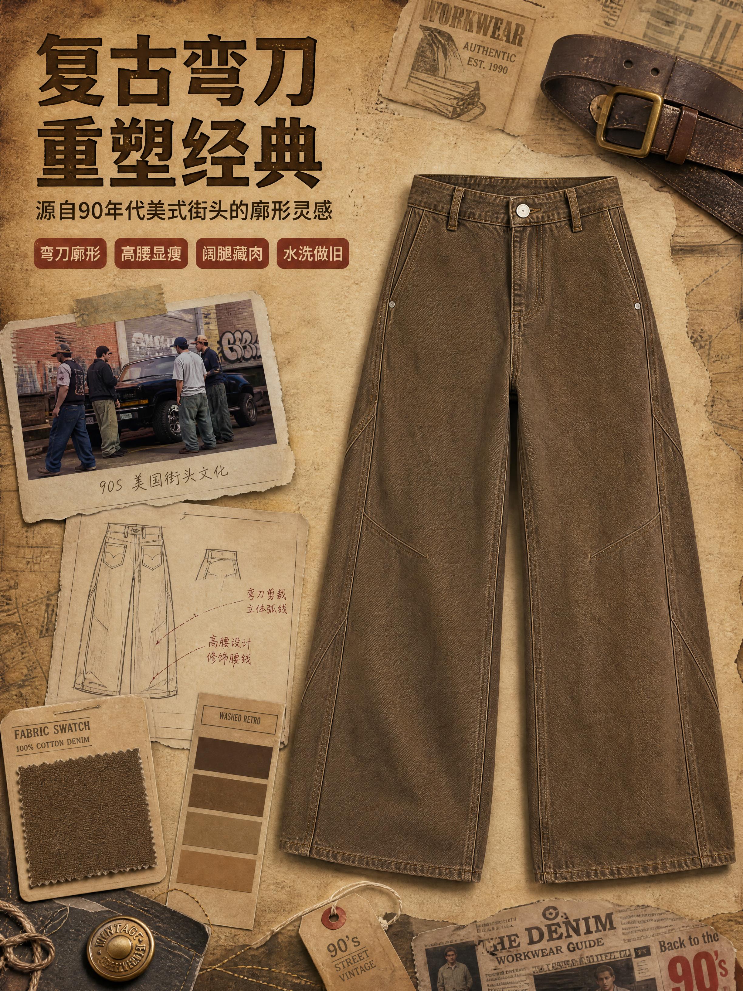 [商品] 使用【图1】美式复古弯刀牛仔裤；商品处理：保留棕色卡… - 图片创意预览