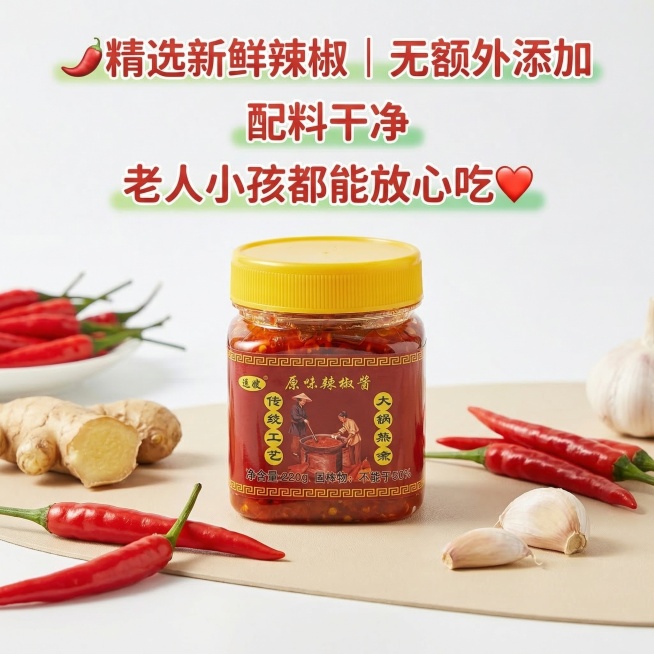产品垫图，旁边摆放新鲜现摘的红辣椒、生姜、大蒜，一瓶未开封的原味辣椒酱放在旁边，背景干净无杂物，整体色调清新干净。顶部居中放置柔和加粗绿红色文案"🌶️ 精选新鲜辣椒｜无额外添加"，中间居中放置柔和加预览效果