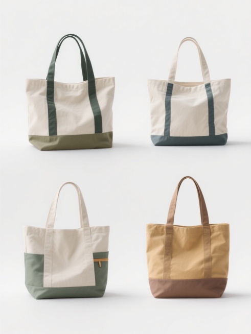 一组4个不同配色、不同样式、不同材质的帆布包元素，采用干净简约的设计风格，符合现实逻辑，适用于素材使用。每个帆布包都有独特的色彩搭配和细节设计，展现出帆布材质的质感和纹理。背景为纯白色，突出帆布包的主体地位，光线柔和均匀，营造出明亮通透的视觉效果。帆布包的形态自然舒展，提手设计符合人体工学，整体呈现出实用与美观兼具的特点，适合用于各种设计项目的素材需求。预览效果