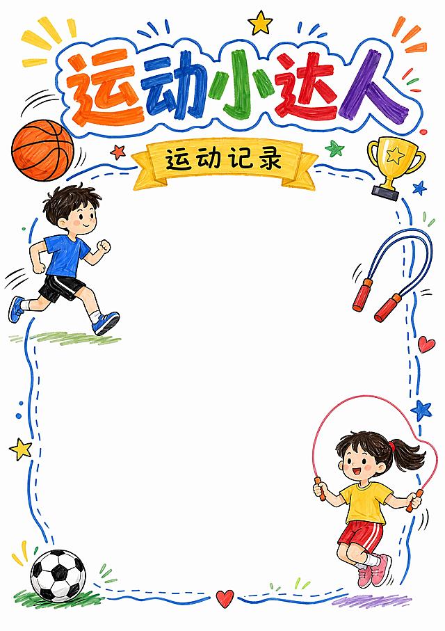 马克笔手绘风格，白底，主标题"运动小达人"，留出运动记录区域，装饰篮球、跑步、跳绳等运动简笔画元素，A4竖版尺寸，文字清晰，版式精美，尺寸210*297mm竖版，马克笔手绘风，白底。