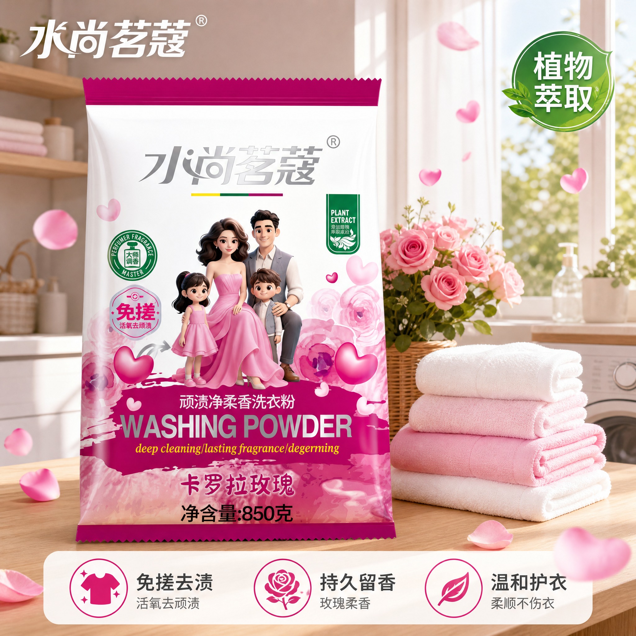 [主图-1] 水尚茗蔻顽渍净柔香洗衣粉（卡罗拉玫瑰 850克）… - 图片创意预览