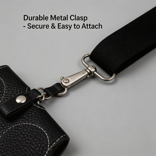 Close-up shot of the metal clasp on the sunglasses case strap, showing its durable and practical des预览效果